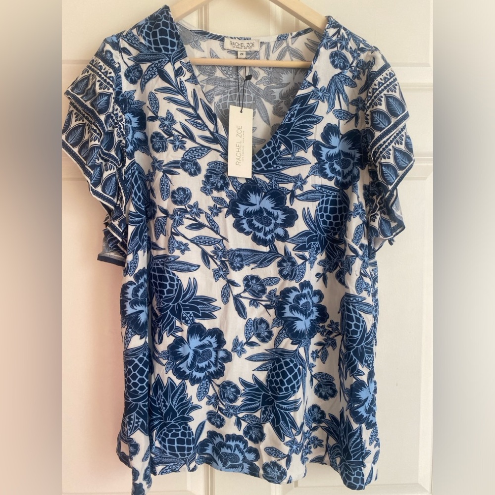 RACHEL ZOE Floral Cascading Double Ruffle Short Sleeve Blouse 100% Rayon Size 2X